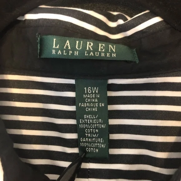 LAUREN RALPH LAUREN Striped Button-Down Shirt Black White 100% Cotton Size: 16 W - Picture 3 of 16